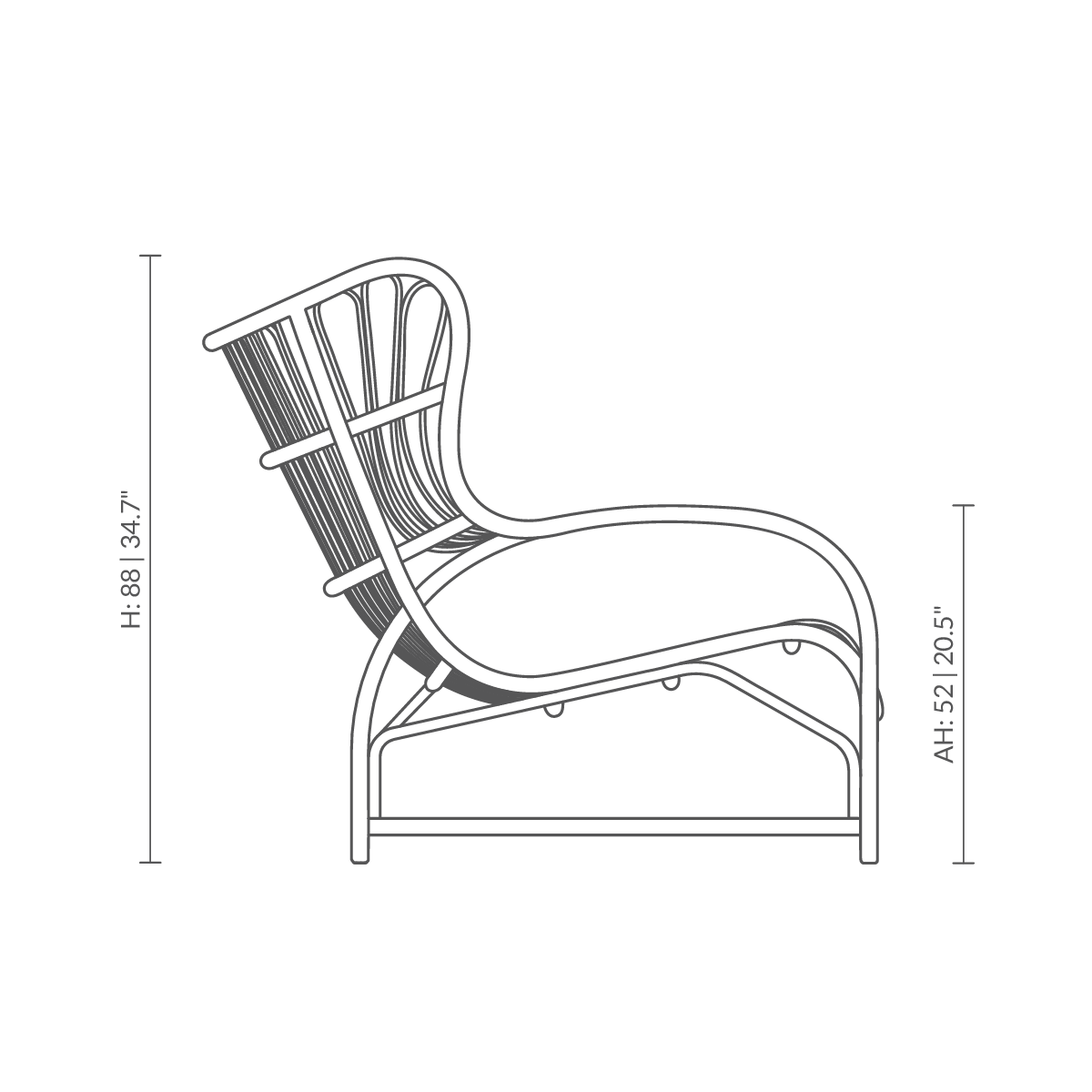 Dies ist eine Maßzeichnung von VB-17 - Teddy Lounge Chair. Technische Zeichnung mit Produktmaßen.