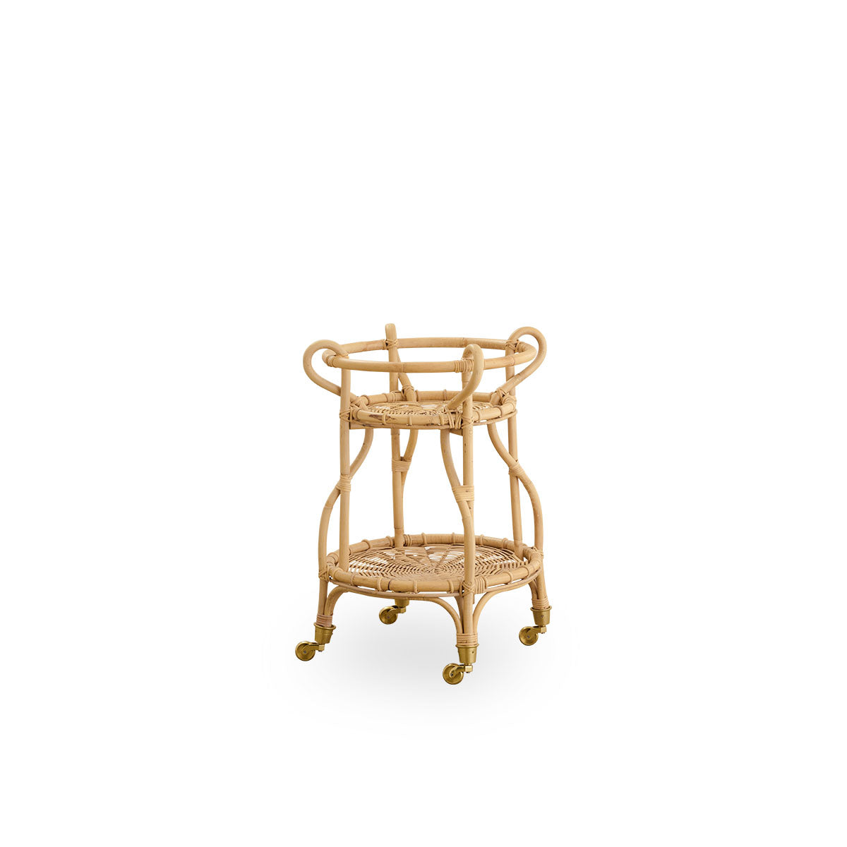 Seitenansicht des Fratellino Rattan-Trolleys in natürlicher Farbe, entworfen von Franco Albini & Franca Helg. Eleganter Rattan-Trolley mit geschwungenen Formen und detaillierten Flechtarbeiten, handgefertigt aus hochwertigem indonesischem Rattan.