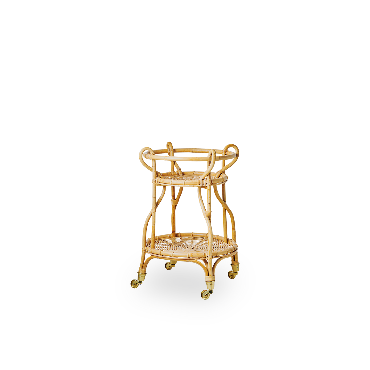 Seitenansicht des Fratellino Rattan-Trolleys in natürlicher Farbe, entworfen von Franco Albini & Franca Helg. Eleganter Rattan-Trolley mit geschwungenen Formen und detaillierten Flechtarbeiten, handgefertigt aus hochwertigem indonesischem Rattan.
