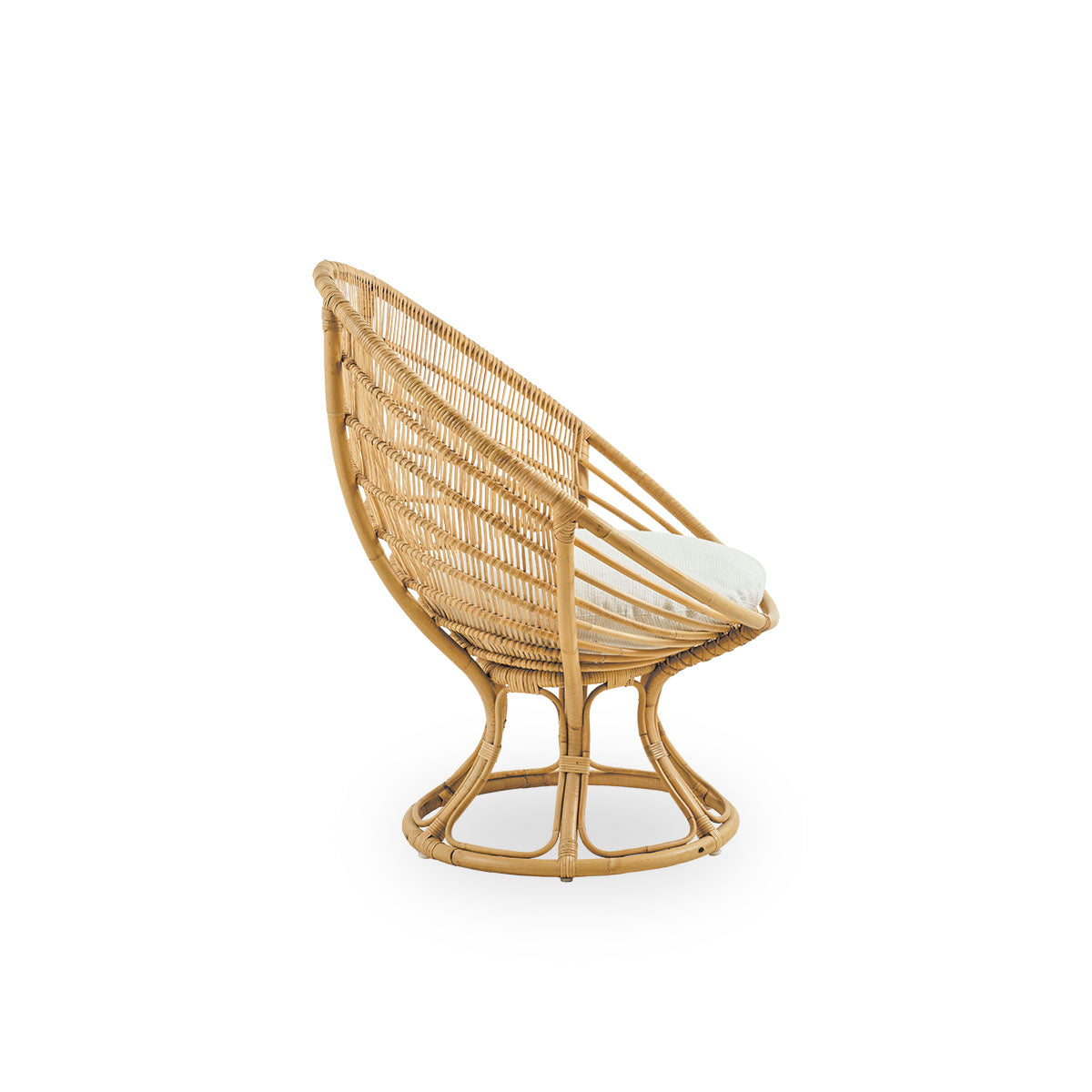 Seitenansicht des Luna Loungechairs, entworfen von Franco Albini & Franca Helg. Runder Loungechair mit Sitzkissen, handgefertigt aus hochwertigem Rattan.