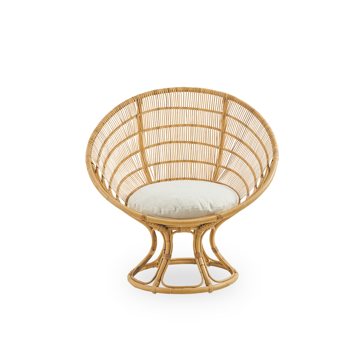 Vorderansicht des Luna Loungesessels, entworfen von Franco Albini & Franca Helg.
Runder Loungesessel mit Sitzkissen, handgefertigt aus hochwertigem Rattan.