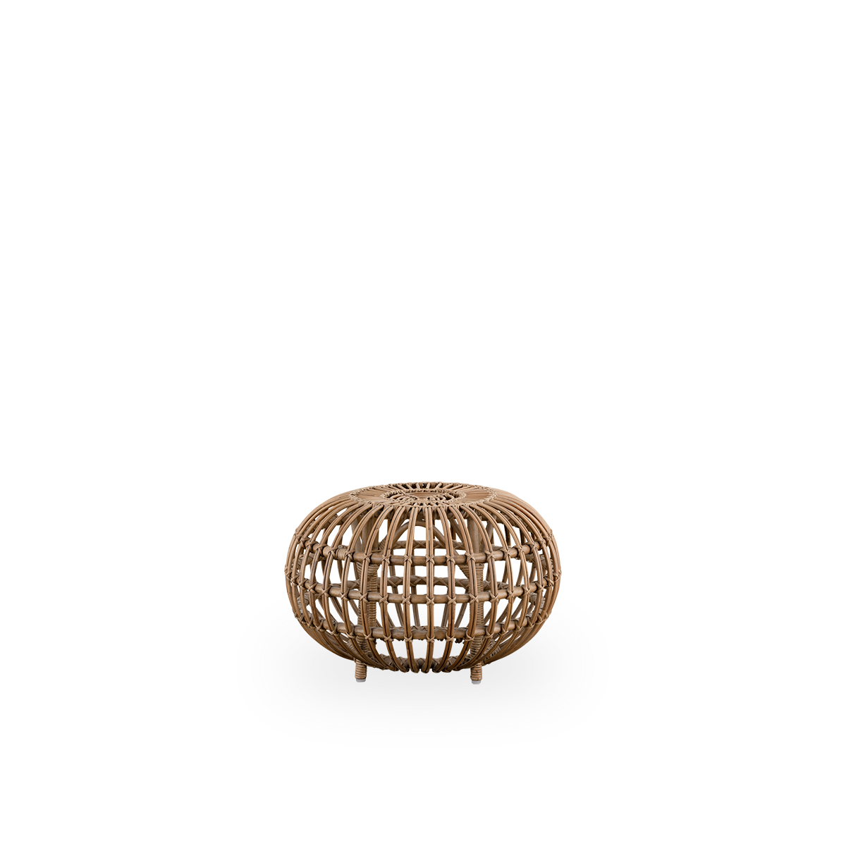 Seitenansicht des großen Ottomans Ø55 cm, entworfen von Franco Albini & Franca Helg. Handgefertigt aus hochwertigem Rattan in Antique-Braun.