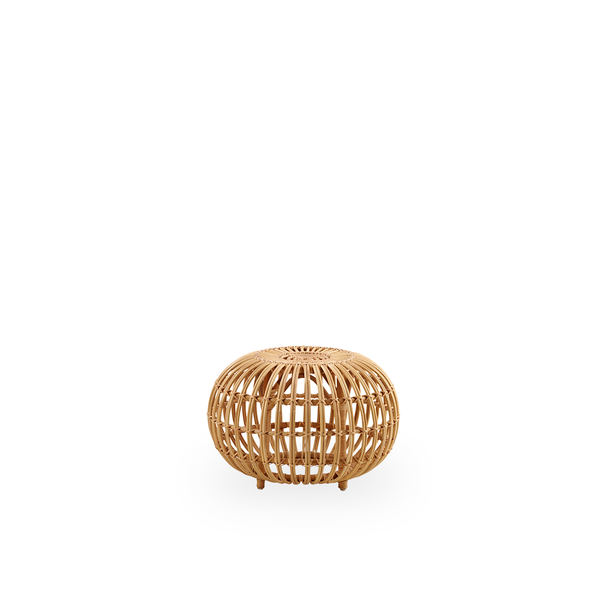 Seitenansicht des kleinen Ottomans Ø55 cm, entworfen von Franco Albini & Franca Helg. Handgefertigt aus hochwertigem Rattan in natürlicher Farbe.