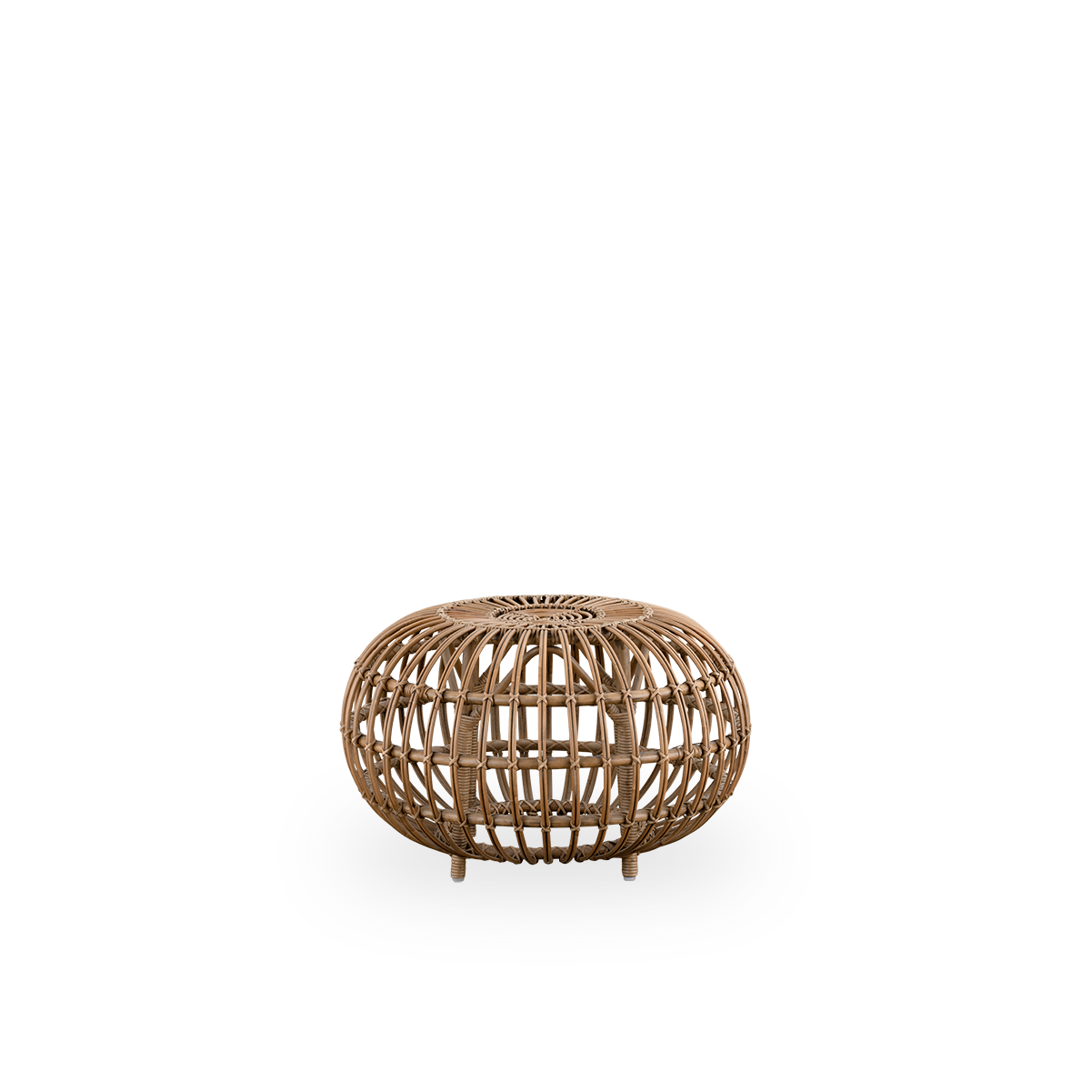 Seitenansicht des großen Ottomans Ø65 cm, entworfen von Franco Albini & Franca Helg. Handgefertigt aus hochwertigem Rattan in Antique-Braun.