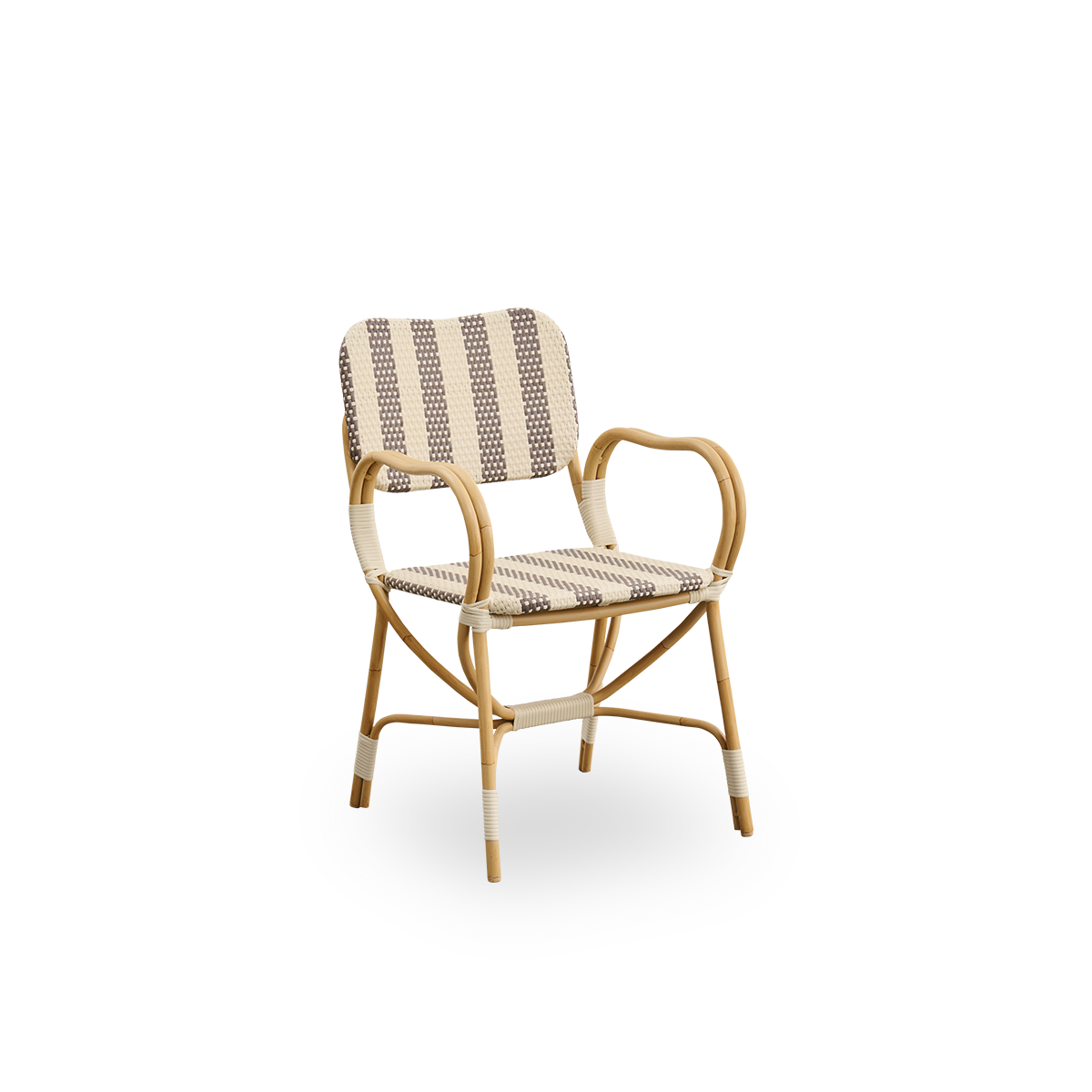 Seitenansicht des Bistro-Outdoor-Stuhls, entworfen von Franco Albini und Franca Helg. Aluminiumrahmen im Rattan-Look mit vollständig geflochtenem Sitz und Rückenlehne in breit gestreiftem braun-elfenbeinfarbenem ArtFibre-Muster.