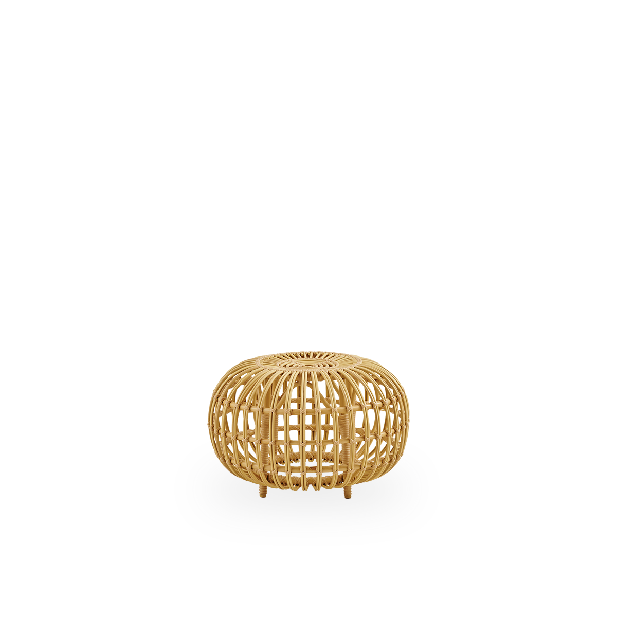 Seitenansicht des kleinen Outdoor-Ottomans Ø55 cm, entworfen von Franco Albini & Franca Helg. Runder Ottoman mit Aluminiumrahmen im Rattan-Look und ArtFibre-Umschlingungen.
