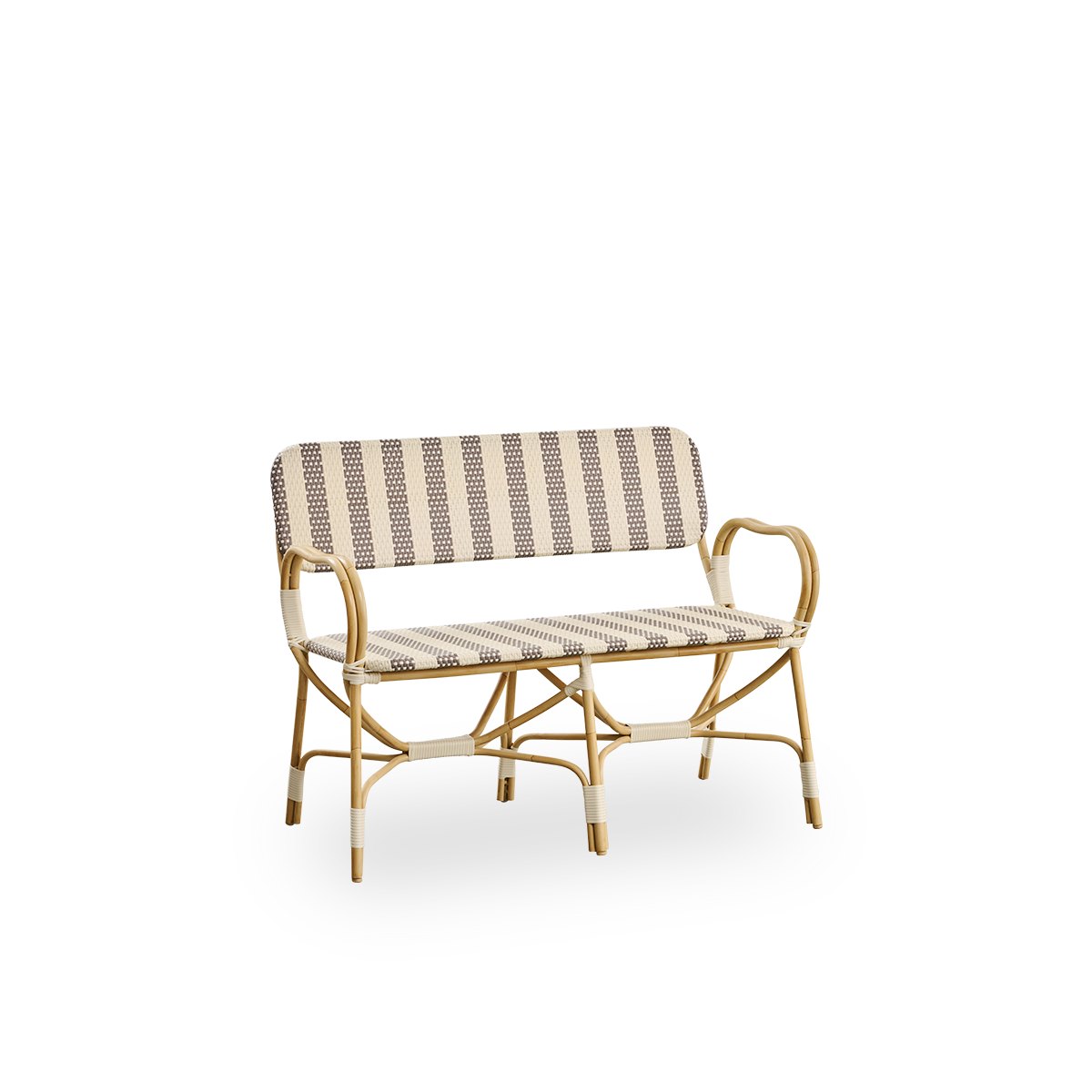 Seitenansicht der Bistro-Outdoor-Bank, entworfen von Franco Albini und Franca Helg. Aluminiumrahmen im Rattan-Look mit vollständig geflochtenem Sitz und Rückenlehne in breit gestreiftem braun-elfenbeinfarbenem ArtFibre-Muster.