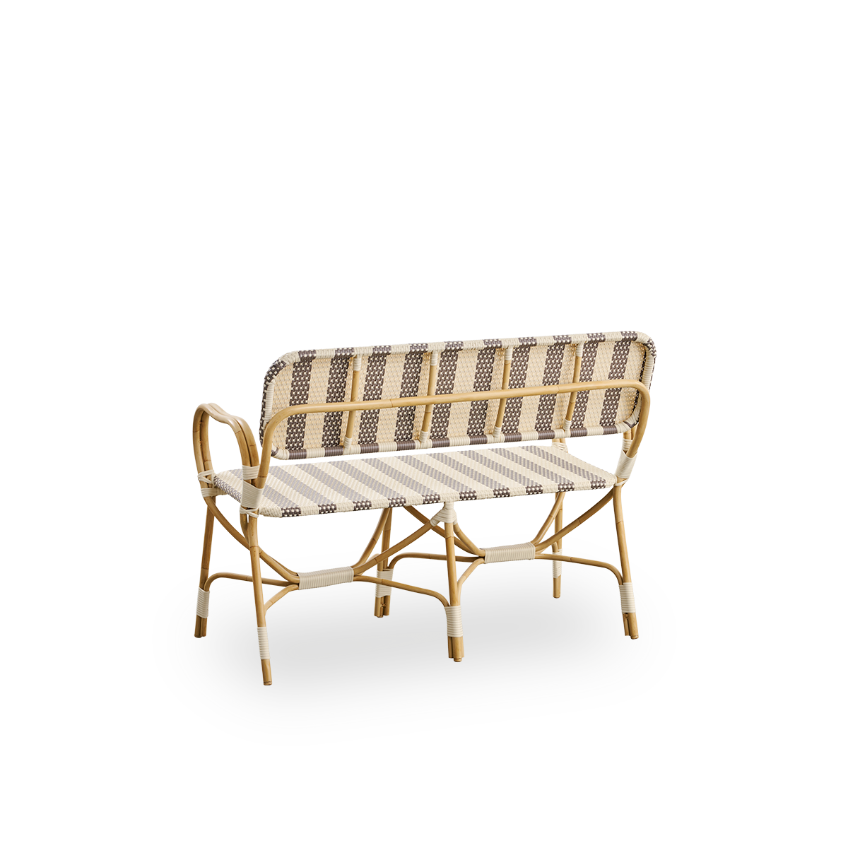 Rückseiten-Seitenansicht der Bistro Exterior Bank, entworfen von Franco Albini und Franca Helg. Aluminiumrahmen in Rattanoptik mit vollständig geflochtener Sitz- und Rückenfläche im breiten Streifenmuster aus braunem und elfenbeinfarbenem ArtFibre.