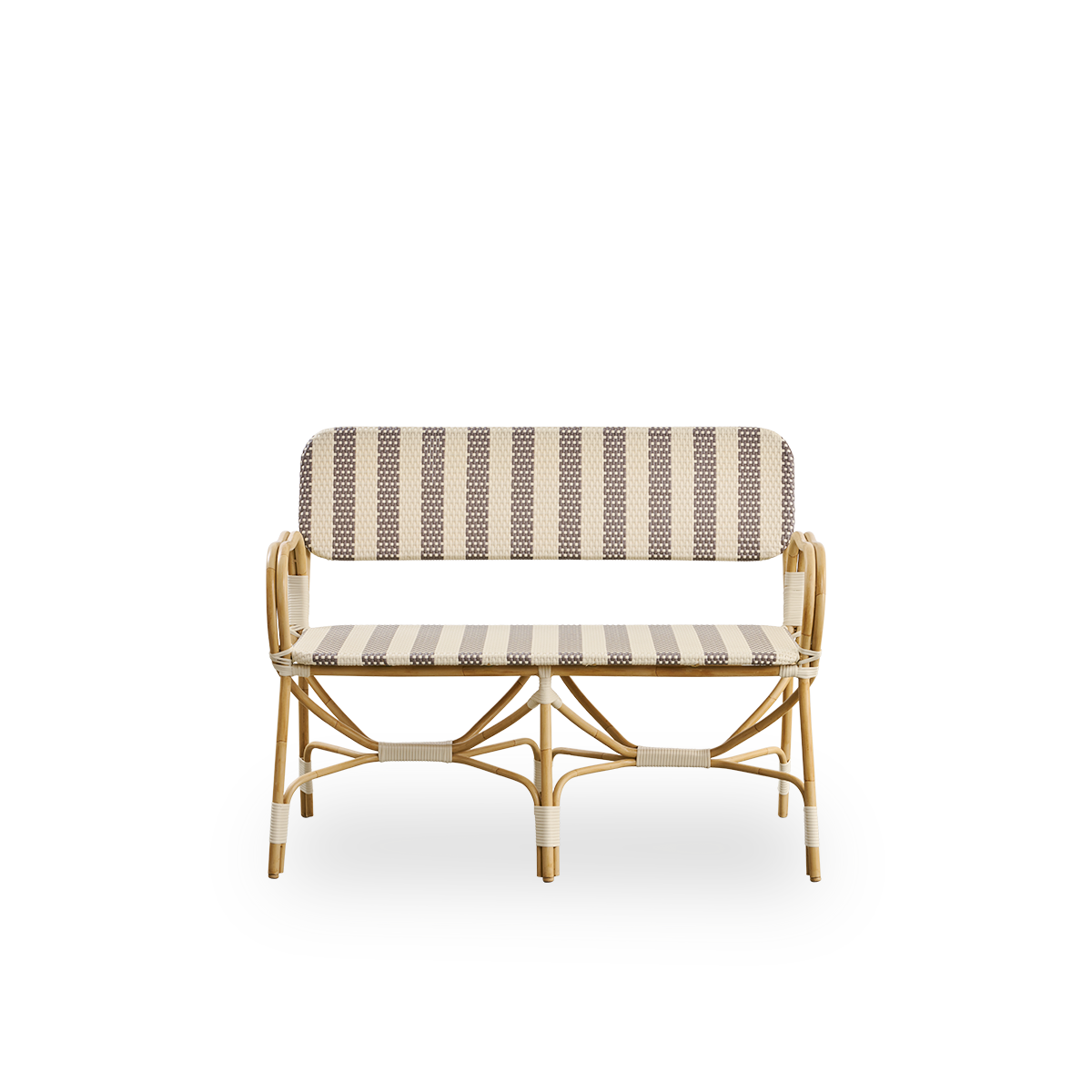 Vorderansicht der Bistro Exterior Bank, entworfen von Franco Albini und Franca Helg. Aluminiumrahmen in Rattan-Optik mit vollständig geflochtener Sitzfläche und Rückenlehne im breit gestreiften Braun- und Elfenbein-ArtFibre-Muster.