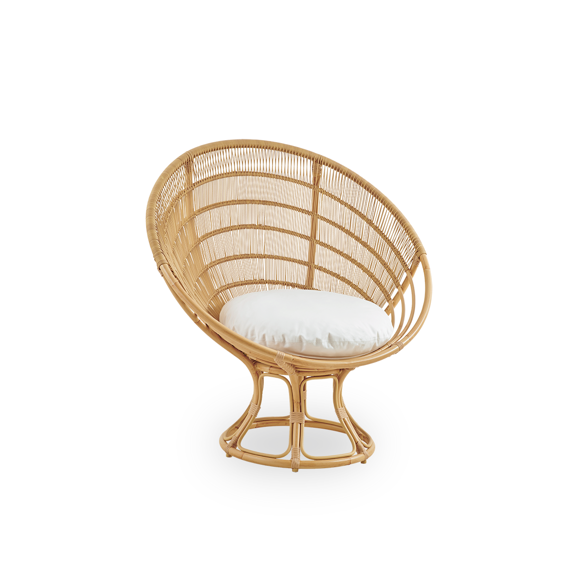 Seitenansicht des Luna Outdoor-Loungestuhls, entworfen von Franco Albini & Franca Helg. Runder Outdoor-Loungestuhl mit Aluminiumrahmen im handbemalten Rattan-Look und ArtFibre-Umschlingungen.