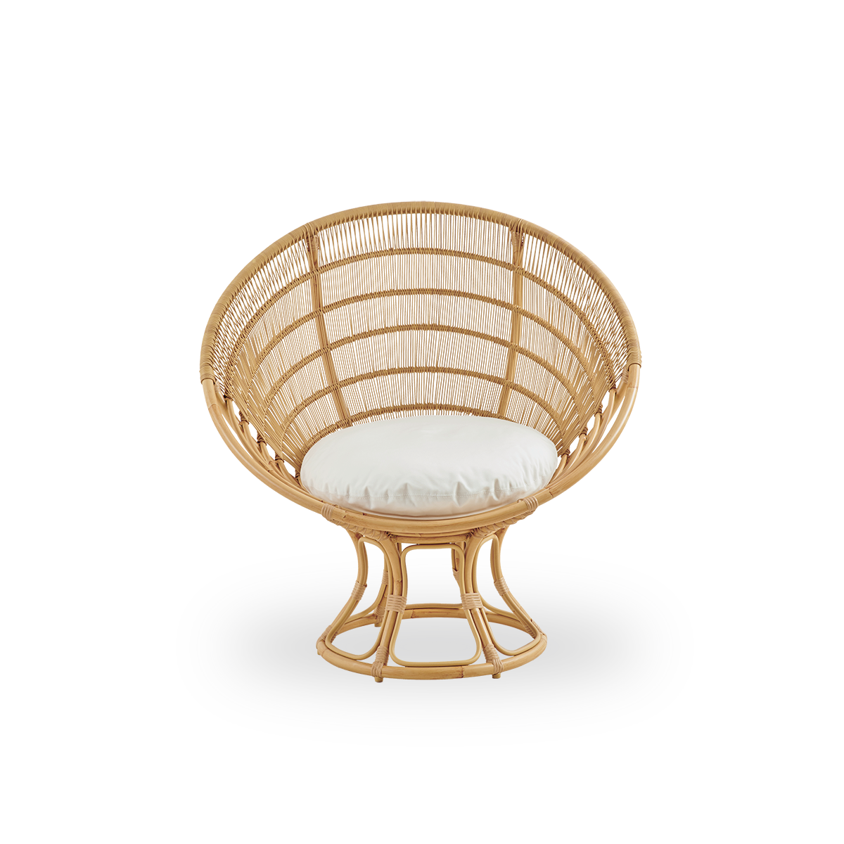 Vorderansicht des Luna Exterior Loungesessels, entworfen von Franco Albini & Franca Helg.
Runder Outdoor-Loungesessel mit Aluminiumrahmen in handbemalter Rattanoptik und ArtFibre-Umwicklungen.