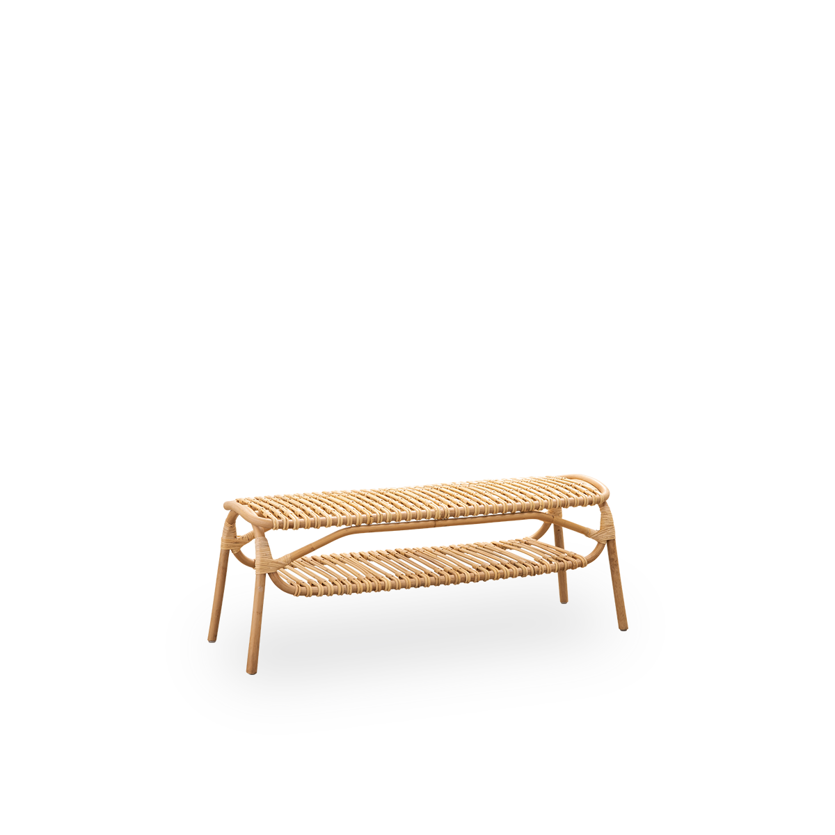 Seitenansicht der Machiya Bank, entworfen von Jin Kuramoto, inspiriert von traditionellen japanischen Machiya-Stadthäusern. Handgefertigt aus hochwertigem indonesischem Rattan. Länge 120 cm.