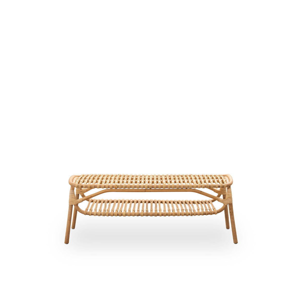 Front view of the Machiya bench designed by Jin Kuramoto, inspired by traditional Japanese Machiya townhouses.
Handcrafted from high-quality Indonesian rattan. Length 120 cm.