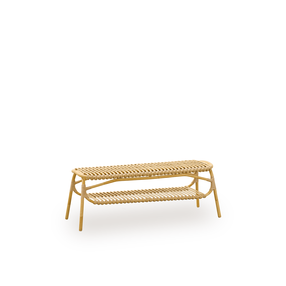 Seitenansicht der Machiya Outdoor-Bank, entworfen von Jin Kuramoto. Aluminiumrahmen im handbemalten Rattan-Look mit ArtFibre-Umschlingungen. Länge 120 cm.