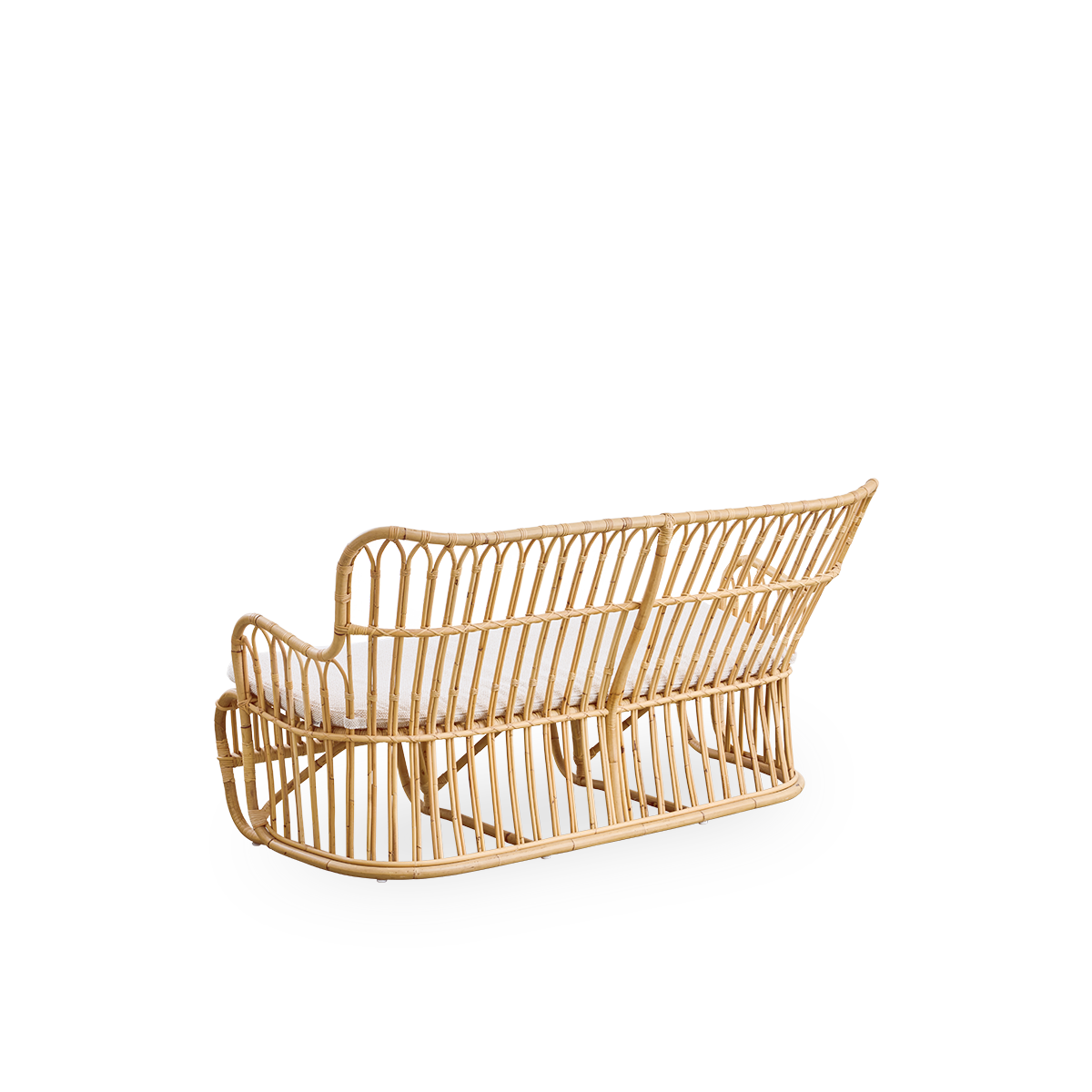 Einfache Rückansicht des Tulip Flechtsofas, entworfen von Tove Kindt-Larsen, mit sanften organischen Linien. Handgefertigt aus hochwertigem indonesischem Rattan.