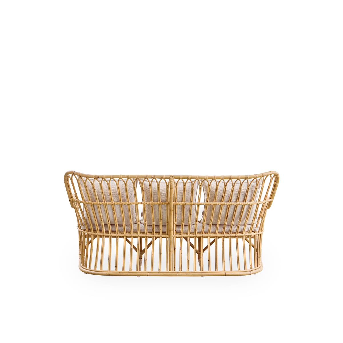 Einfache Rückansicht des Tulip Korbsofas, entworfen von Tove Kindt-Larsen, mit weichen, organischen Linien. Handgefertigt aus hochwertigem indonesischem Rattan.
