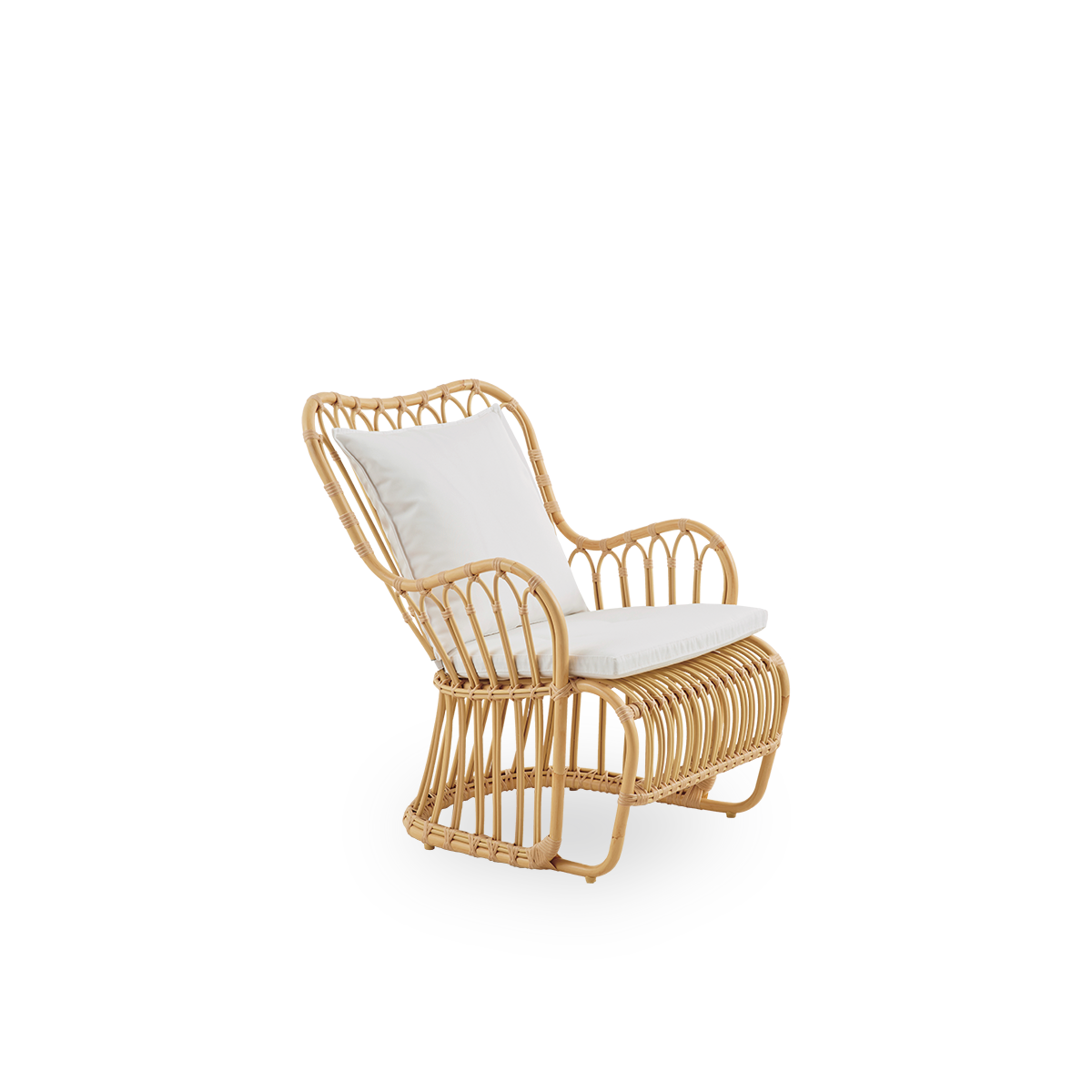 Seitenansicht des Tulip Outdoor-Loungestuhls, entworfen von Tove Kindt-Larsen, mit weichen, organischen Linien. Aluminiumrahmen in Rattan-Optik mit ArtFibre-Umwicklungen.