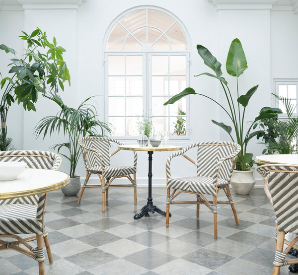 Dies ist ein Lifestyle-Bild von Madeleine Esszimmerstuhl in chevron cappuccino ivory ArtFibre skin on rattan frame. Heller Wintergarten mit Pflanzen.