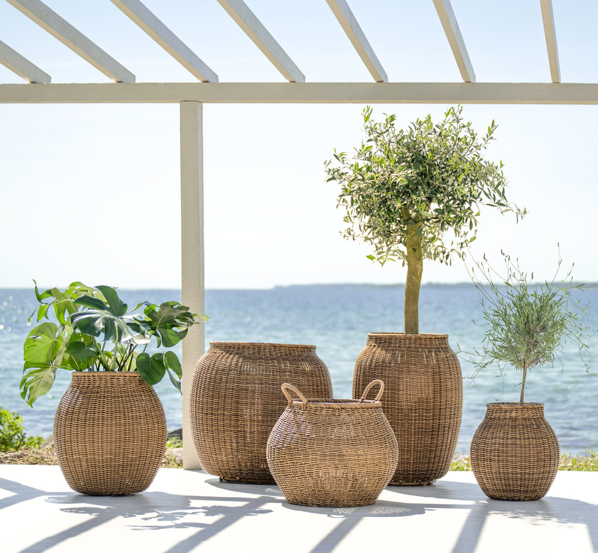 Dies ist ein Lifestyle-Bild von Ellis Korb in chestnut core weave ArtFibre Aluminium, im Freien auf einer sonnigen Terrasse mit weißer Mauer und.