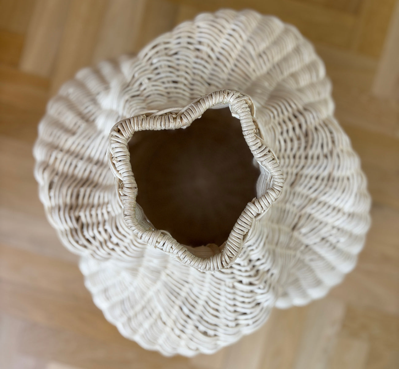 Dies ist ein Lifestyle-Bild von Solaris Basket Ø40 cm in natural core weave iron frame. Mit Trockenblumen an einer weißen Tür auf Parkett gestylt.