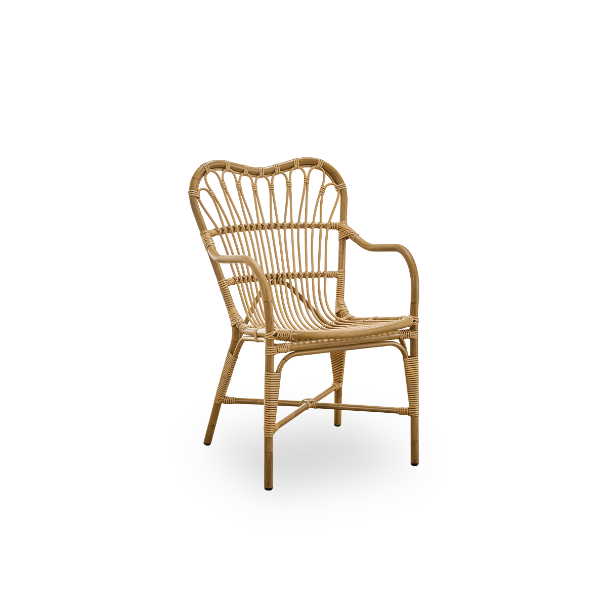 Seitenansicht des Margret Outdoor-Essstuhls mit hoher, breiter Rückenlehne und geschwungenen Armlehnen. Aluminiumrahmen im Antique-Braun-Rattan-Look mit ArtFibre-Umschlingungen.