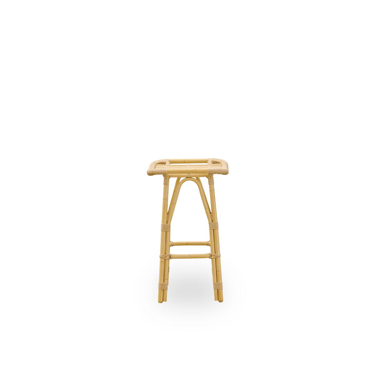 Seitenansicht des Salsa Outdoor-Thekenstuhls mit Fußstütze und gebogenem Sitz. Aluminiumrahmen im Rattan-Look mit ArtFibre-Umschlingungen. Höhe 67 cm.