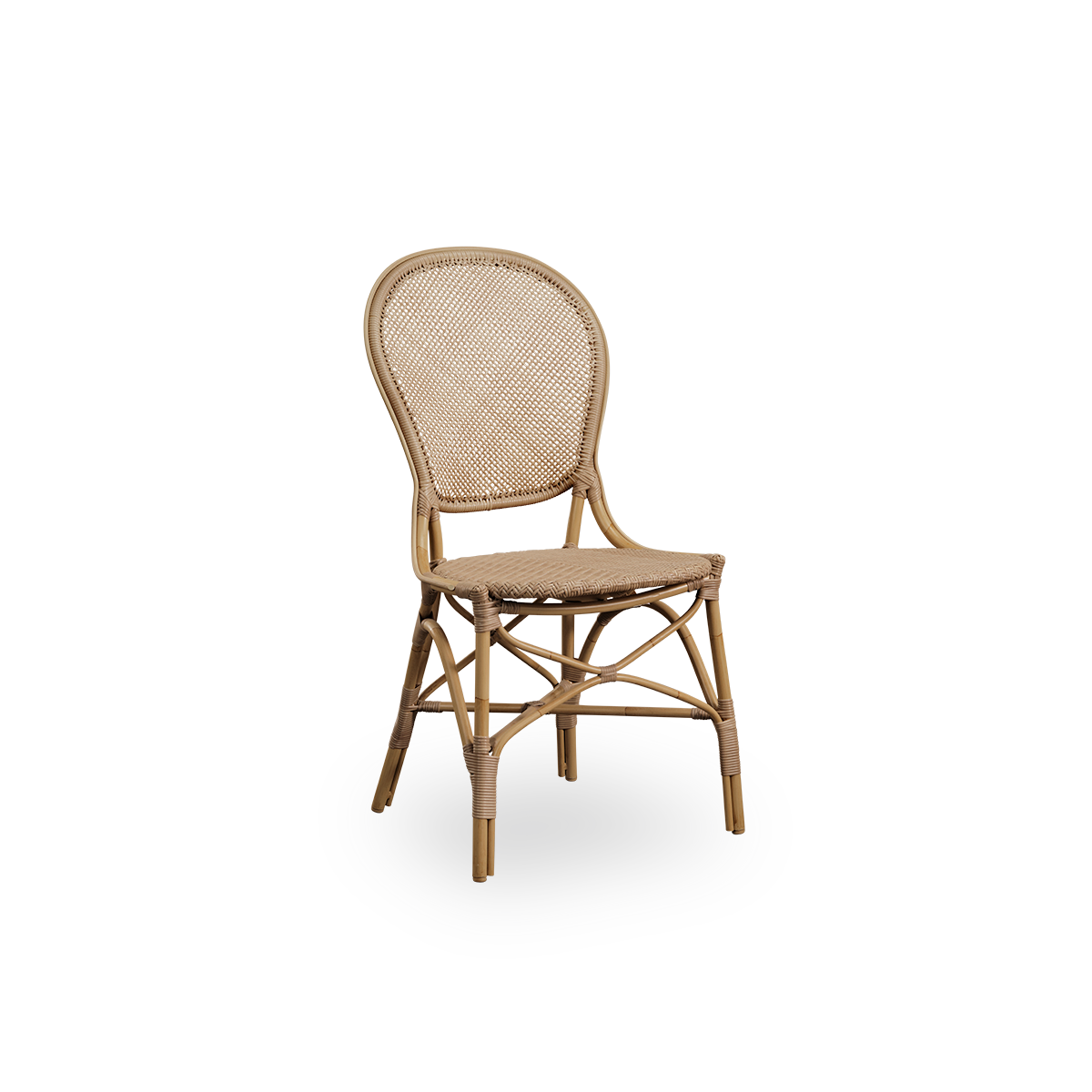 Seitenansicht des Rossini Outdoor-Essstuhls in Antique-Farbe. Eleganter Stuhl mit runder Rückenlehne in schlichtem Design. Aluminiumrahmen im Rattan-Look mit geflochtenem ArtFibre-Sitz und Rückenlehne.