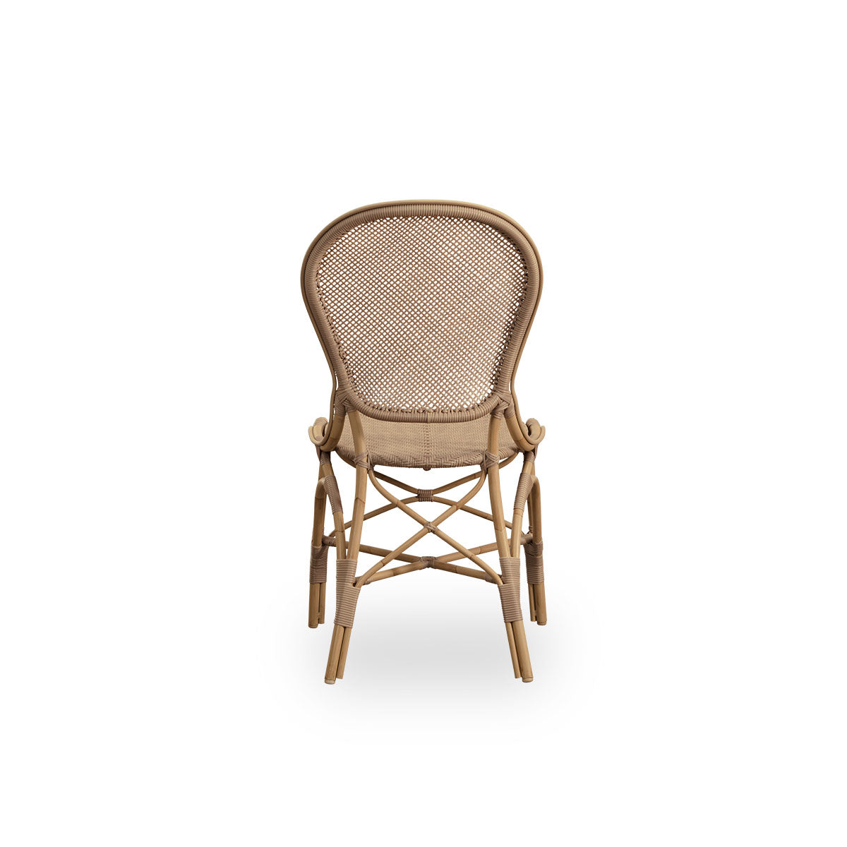 Einfache Rückansicht des Rossini Outdoor-Esstuhls in der Farbe Antique. Eleganter Stuhl mit runder Rückenlehne in schlichtem Design. Aluminiumrahmen in Rattanoptik mit geflochtenem Sitz und Rückenlehne aus ArtFibre.