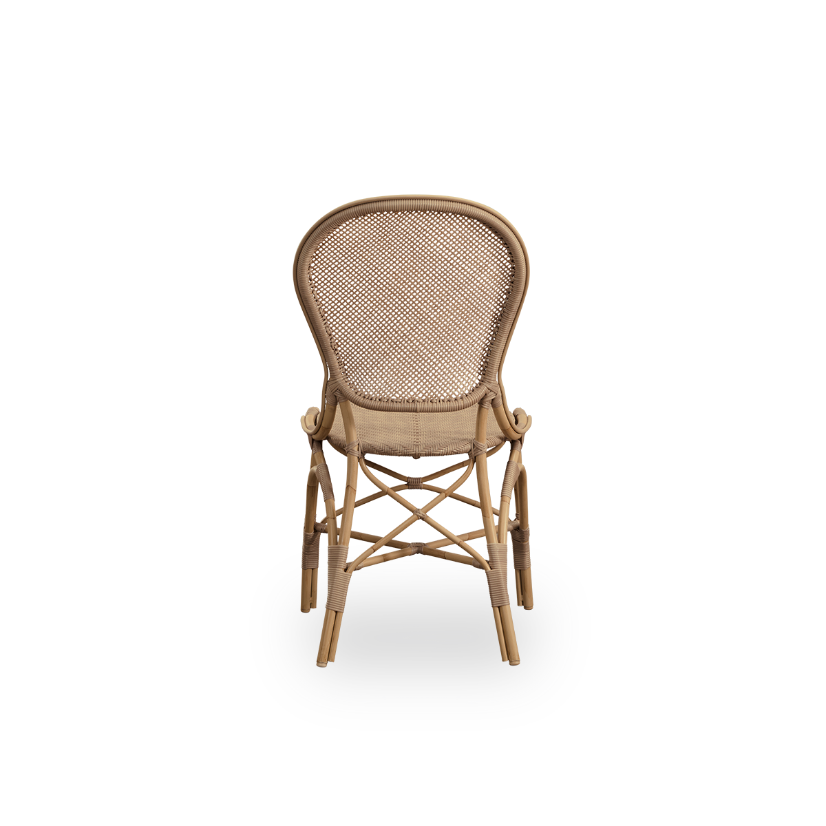 Einfache Rückansicht des Rossini Outdoor-Esstuhls in der Farbe Antique. Eleganter Stuhl mit runder Rückenlehne in schlichtem Design. Aluminiumrahmen in Rattanoptik mit geflochtenem Sitz und Rückenlehne aus ArtFibre.