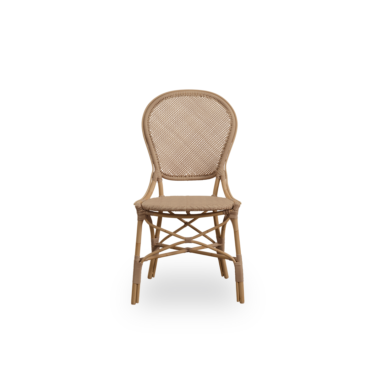 Frontansicht des Rossini Outdoor-Essstuhls in Antikfarbe.
Eleganter Stuhl mit runder Rückenlehne in schlichtem Design. Aluminiumrahmen in Rattanoptik mit geflochtenem ArtFibre-Sitz und -Rückenlehne.