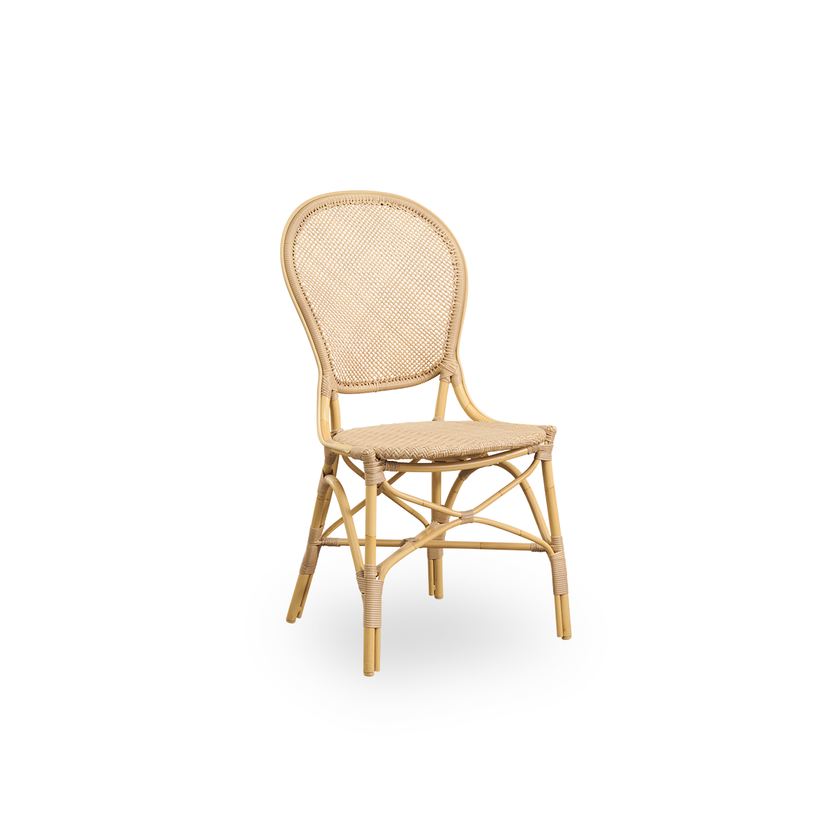 Seitenansicht des Rossini Outdoor-Essstuhls in Naturfarbe. Eleganter Stuhl mit runder Rückenlehne in schlichtem Design. Aluminiumrahmen im Rattan-Look mit geflochtenem ArtFibre-Sitz und Rückenlehne.