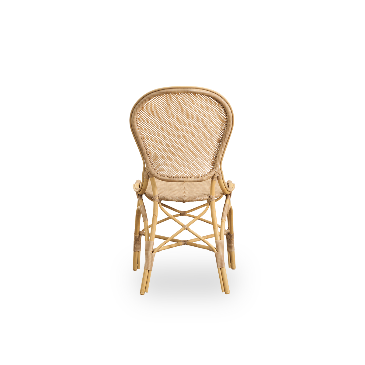 Einfache Rückansicht des Rossini Outdoor-Esstuhls in der Farbe Natural. Eleganter Stuhl mit runder Rückenlehne in schlichtem Design. Aluminiumrahmen in Rattanoptik mit geflochtenem Sitz und Rückenlehne aus ArtFibre.