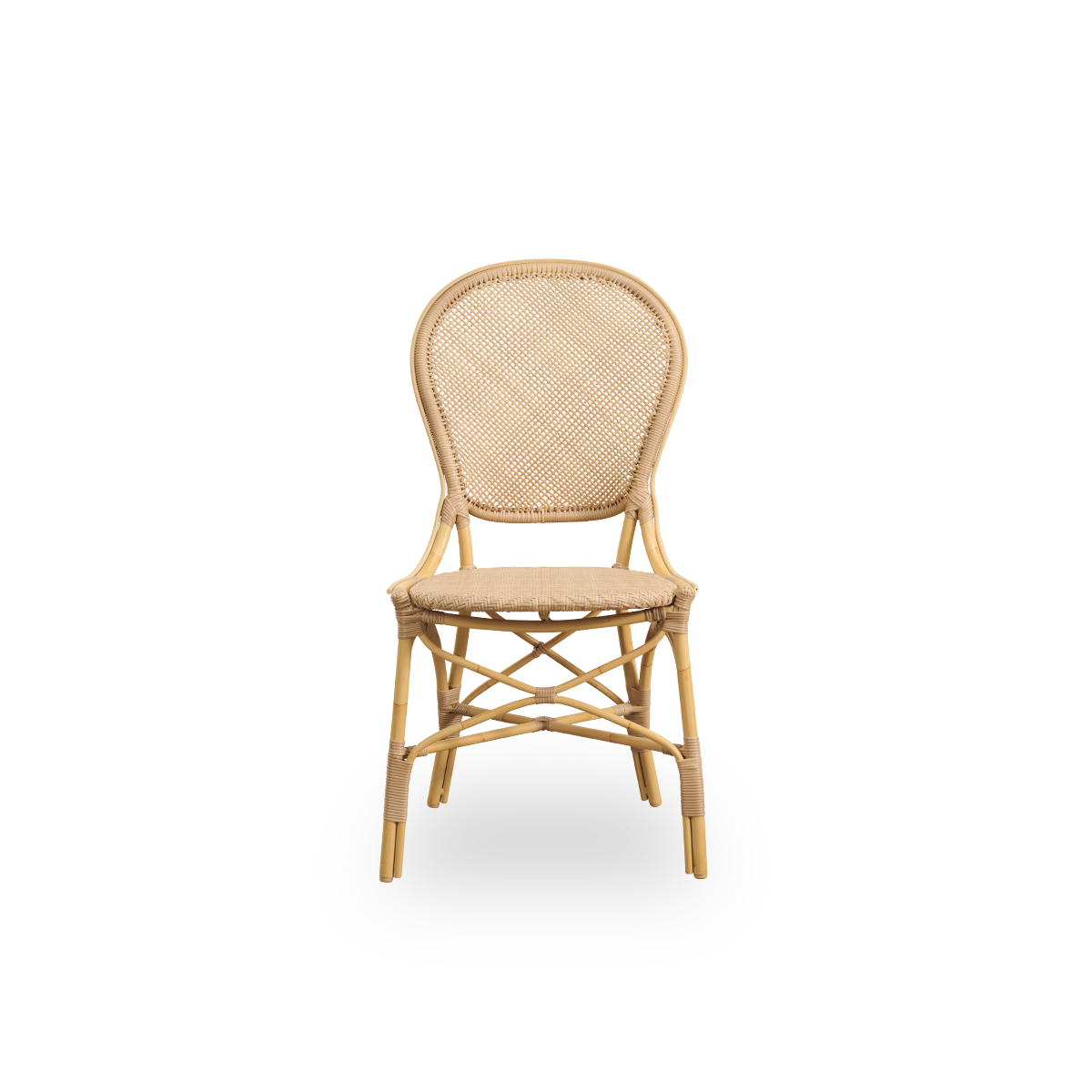 Frontansicht des Rossini Outdoor-Essstuhls in Naturfarbe.
Eleganter Stuhl mit runder Rückenlehne in schlichtem Design. Aluminiumrahmen in Rattanoptik mit geflochtenem ArtFibre-Sitz und -Rückenlehne.