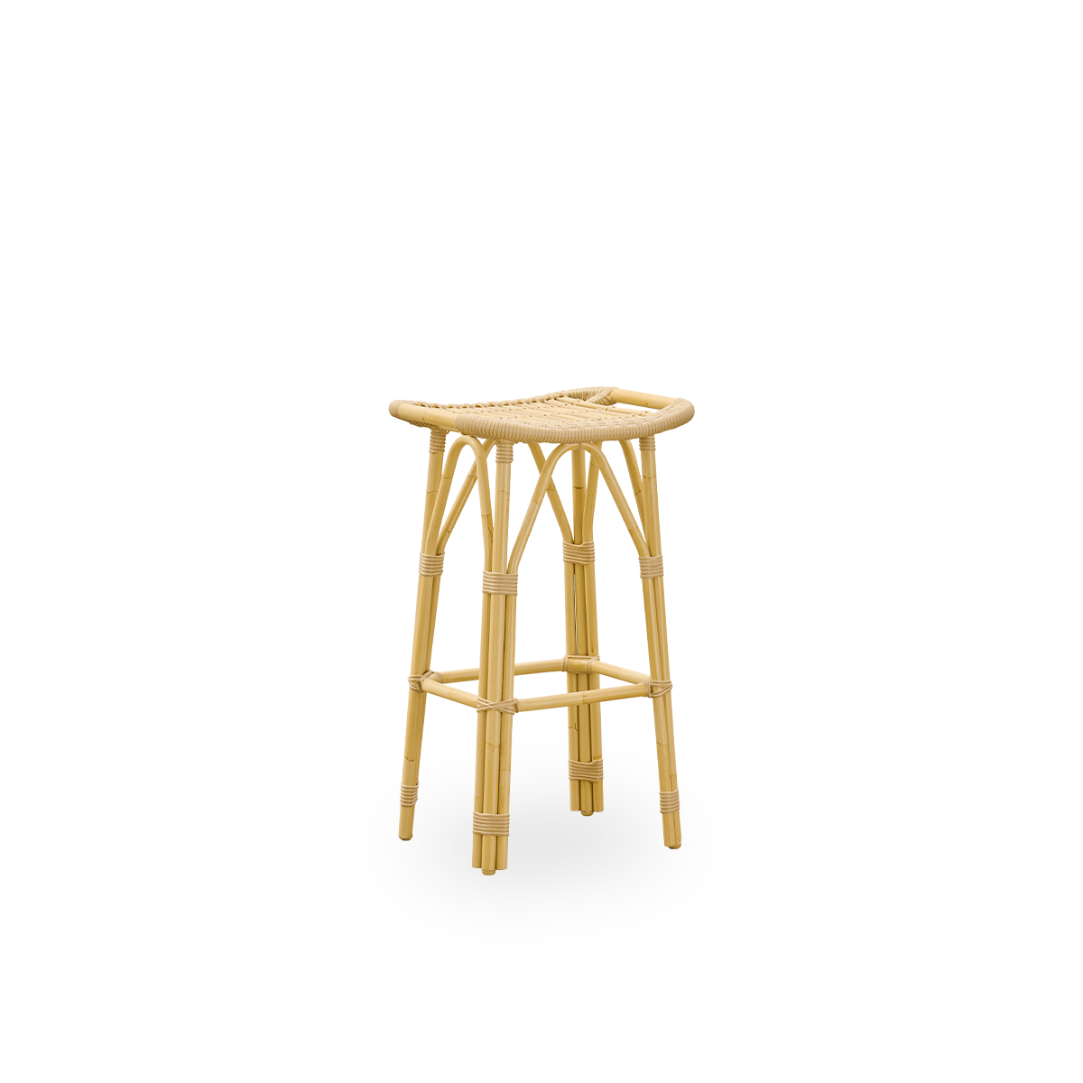 Seitenansicht des Salsa Outdoor-Barhockers mit Fußstütze und gebogenem Sitz. Aluminiumrahmen im Rattan-Look mit ArtFibre-Umschlingungen. Höhe 79 cm.