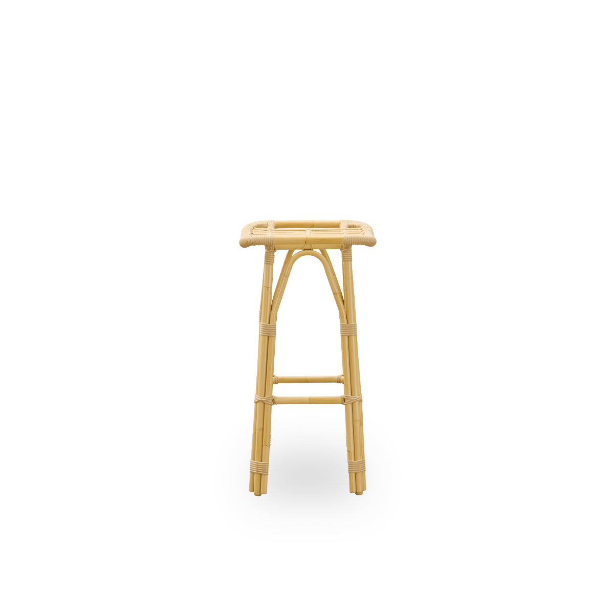 Seitenansicht des Salsa Outdoor-Barhockers mit Fußstütze und gebogenem Sitz. Aluminiumrahmen im Rattan-Look mit ArtFibre-Umschlingungen. Höhe 79 cm.