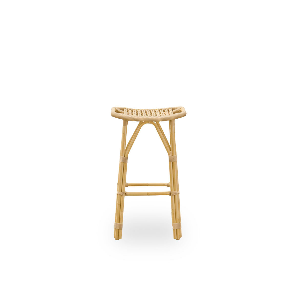 Frontansicht des Salsa Outdoor-Barhockers mit Fußstütze und gebogenem Sitz.
Aluminiumrahmen in Rattanoptik mit ArtFibre-Bindungen. Höhe 79 cm.