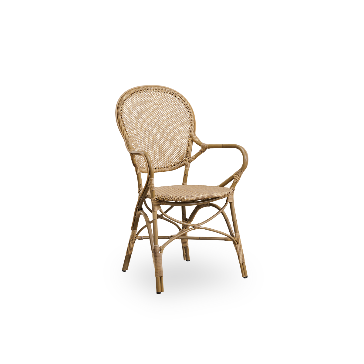 Seitenansicht des Rossini Outdoor-Essstuhls mit Armlehnen in Antique-Farbe. Eleganter Stuhl mit runder Rückenlehne und Armlehnen in schlichtem Design. Aluminiumrahmen im Rattan-Look mit geflochtenem ArtFibre-Sitz und Rückenlehne.