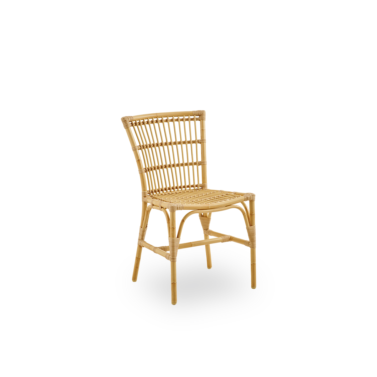 Seitenansicht des Elisabeth Outdoor-Essstuhls in Rattan-Optik. Ein kleiner Outdoor-Essstuhl im minimalistischen Design. Aluminiumrahmen mit ArtFibre-Flechtungen.