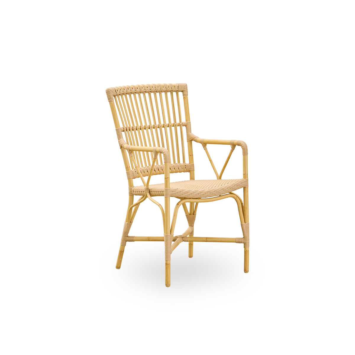 Seitenansicht des Piano Outdoor-Armsessels. Aluminiumrahmen im natürlichen Rattan-Look mit ArtFibre-Umschlingungen. Eleganter Stuhl mit hoher Rückenlehne und Armlehnen.