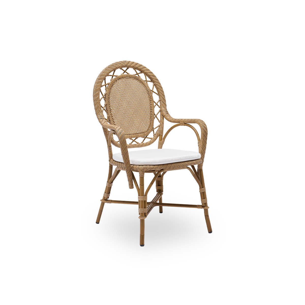 Seitenansicht des Romantica Outdoor-Essstuhls in Antique-Braun. Eleganter, romantischer Essstuhl mit runder Rückenlehne und vollständig geflochtenem Sitz im charmanten dänischen Design. Aluminiumrahmen im Rattan-Look mit ArtFibre-Umschlingungen.