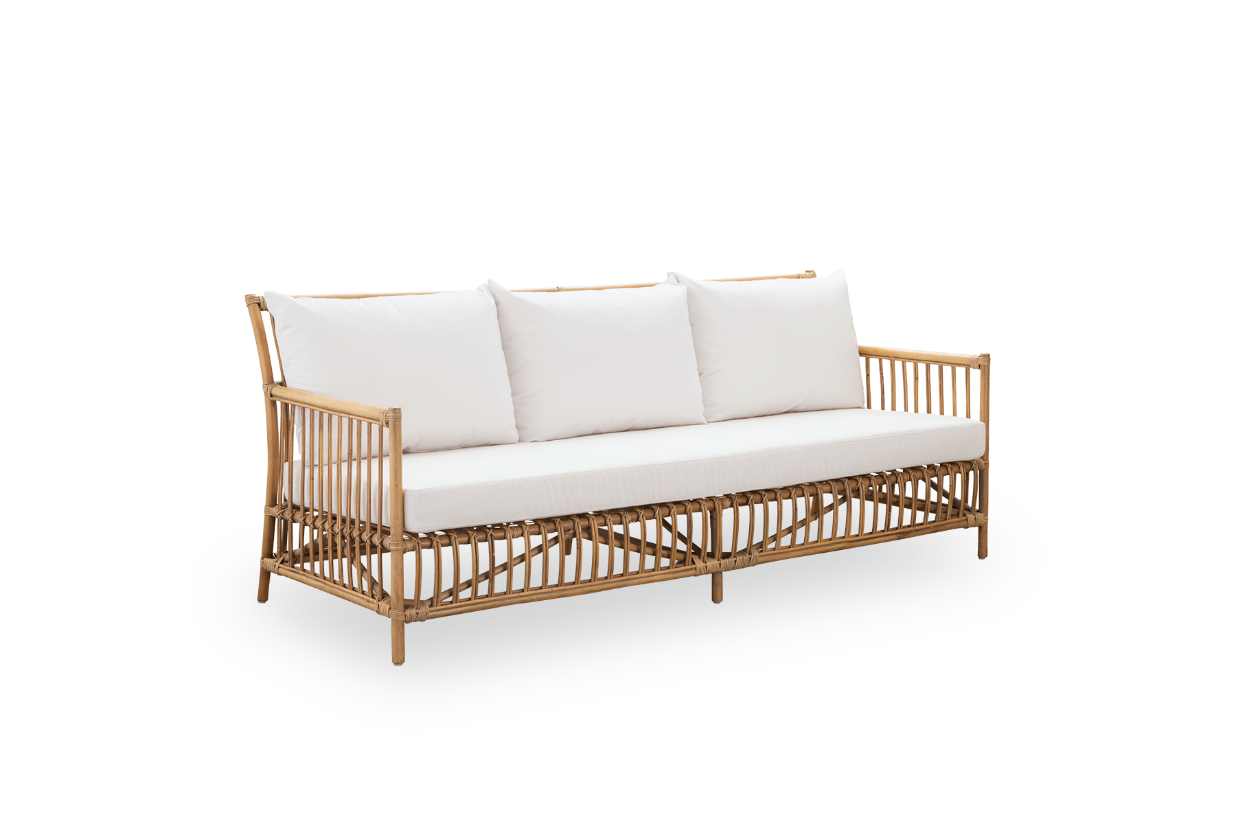 Seitenansicht des Caroline Outdoor-3-Sitzer-Sofas in der Farbe Antique, schlichtes und elegantes dänisches Design. Aluminiumrahmen im Rattan-Look mit ArtFibre-Bindungen.