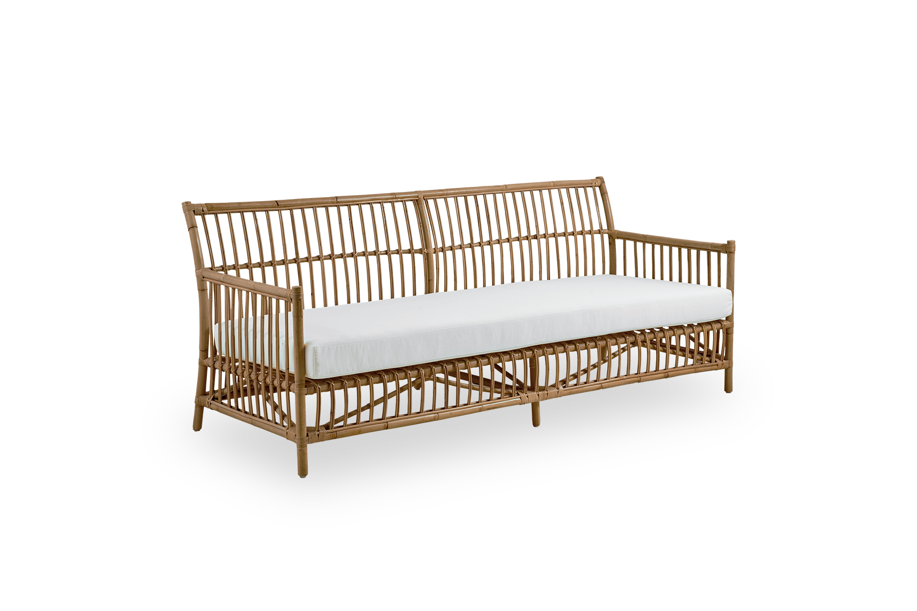 Seitenansicht des Caroline Outdoor-3-Sitzer-Sofas in der Farbe Antique, schlichtes und elegantes dänisches Design. Aluminiumrahmen im Rattan-Look mit ArtFibre-Bindungen.