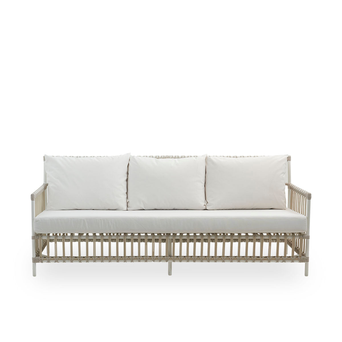 Side view of Caroline outdoor 3-seater sofa in dove white color, simple and elegant Danish design. Aluminium frame with ArtFibre bindings.