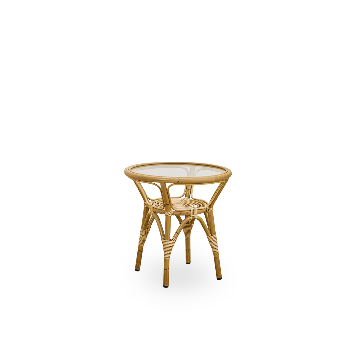 Seitenansicht des Tony Outdoor-Beistelltisches mit 8 mm gehärteter Glasplatte, die im Tischrahmen befestigt ist. Aluminiumrahmen in Antique-Rattan-Optik mit ArtFibre-Umwicklungen.