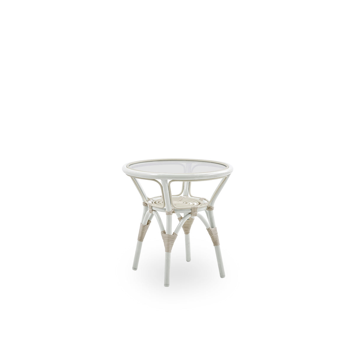 Seitenansicht des Tony Outdoor-Beistelltisches mit 8 mm gehärteter Glasplatte, die im Tischrahmen befestigt ist. Aluminiumrahmen in Weiß mit ArtFibre-Umwicklungen.