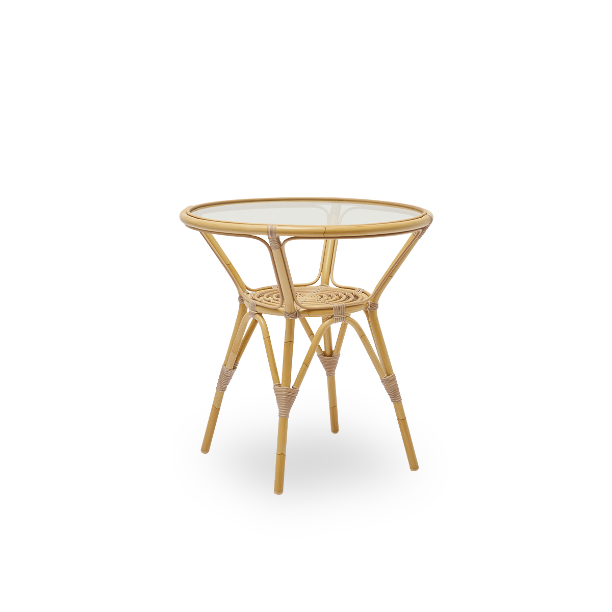Seitenansicht des Tony Outdoor-Café-Tisches mit 8 mm gehärteter Glasplatte, die im Tischrahmen befestigt ist. Aluminiumrahmen in Rattan-Optik mit ArtFibre-Umwicklungen.