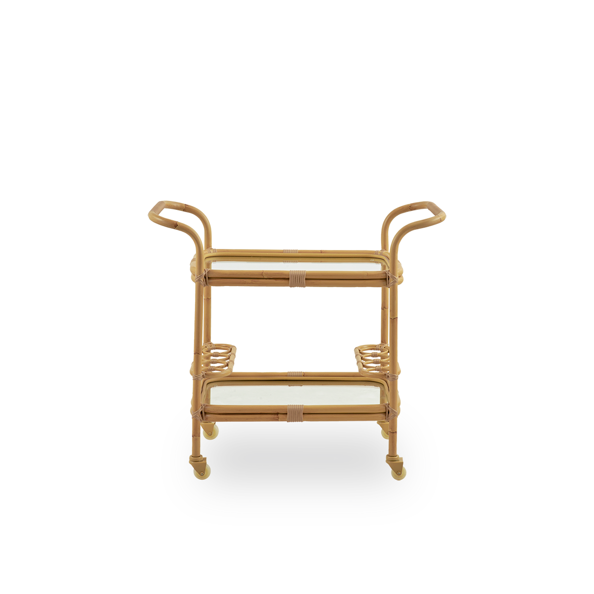 Schlichte Seitenansicht des Carlo Outdoor-Barwagens, ein dekorativer und praktischer Wagen für den Außenbereich. Der Wagen hat einen Aluminiumrahmen in handbemaltem Rattan-Look mit handgefertigten ArtFibre-Details, die ihn zu einer gemütlichen Ergänzung f