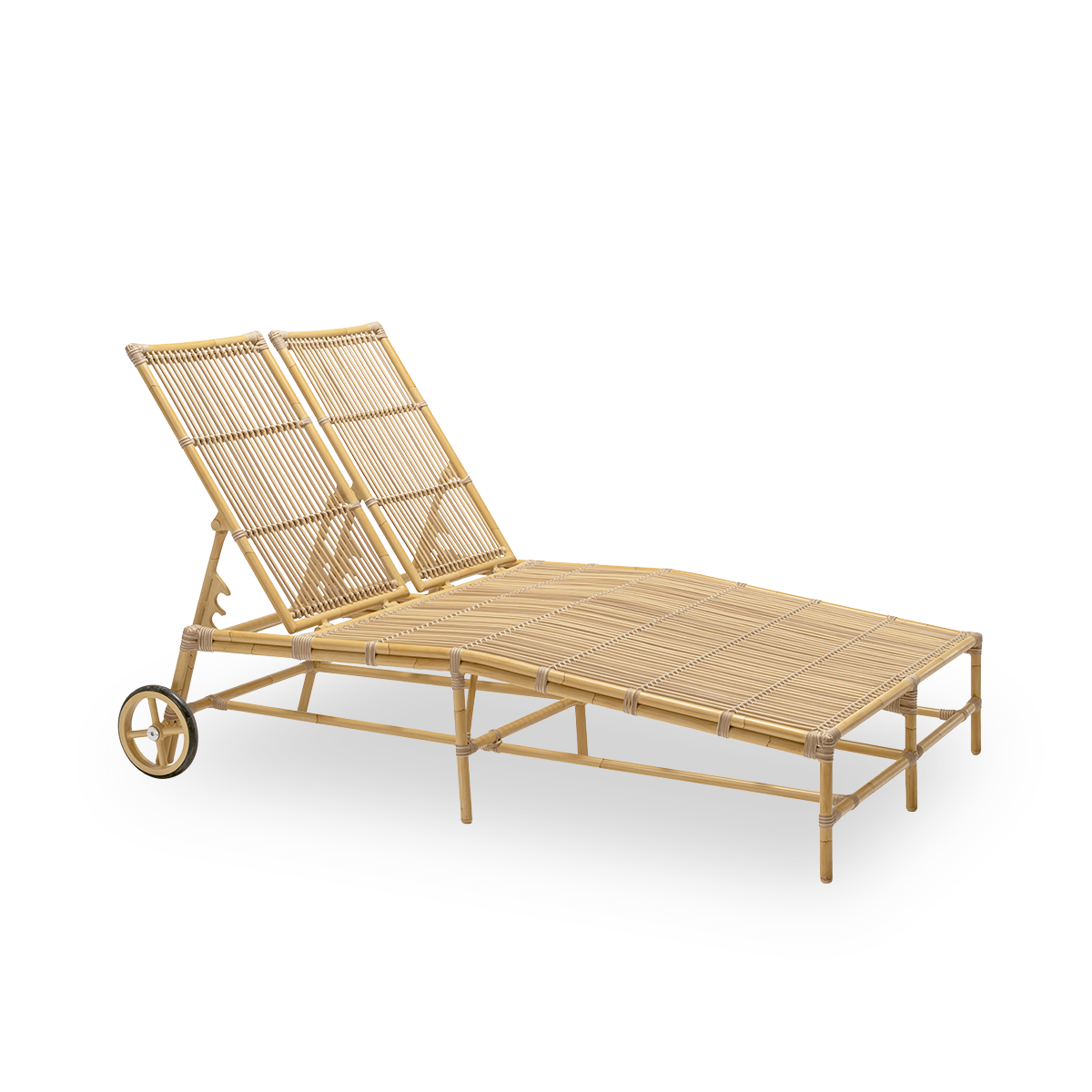 Seitenansicht der Julietta Outdoor-Doppel-Sonnenliege, aus naturfarbenem Aluminium und ArtFibre. Von Sika-Design entworfen und aus wetterfesten Materialien für zwei Personen gefertigt.