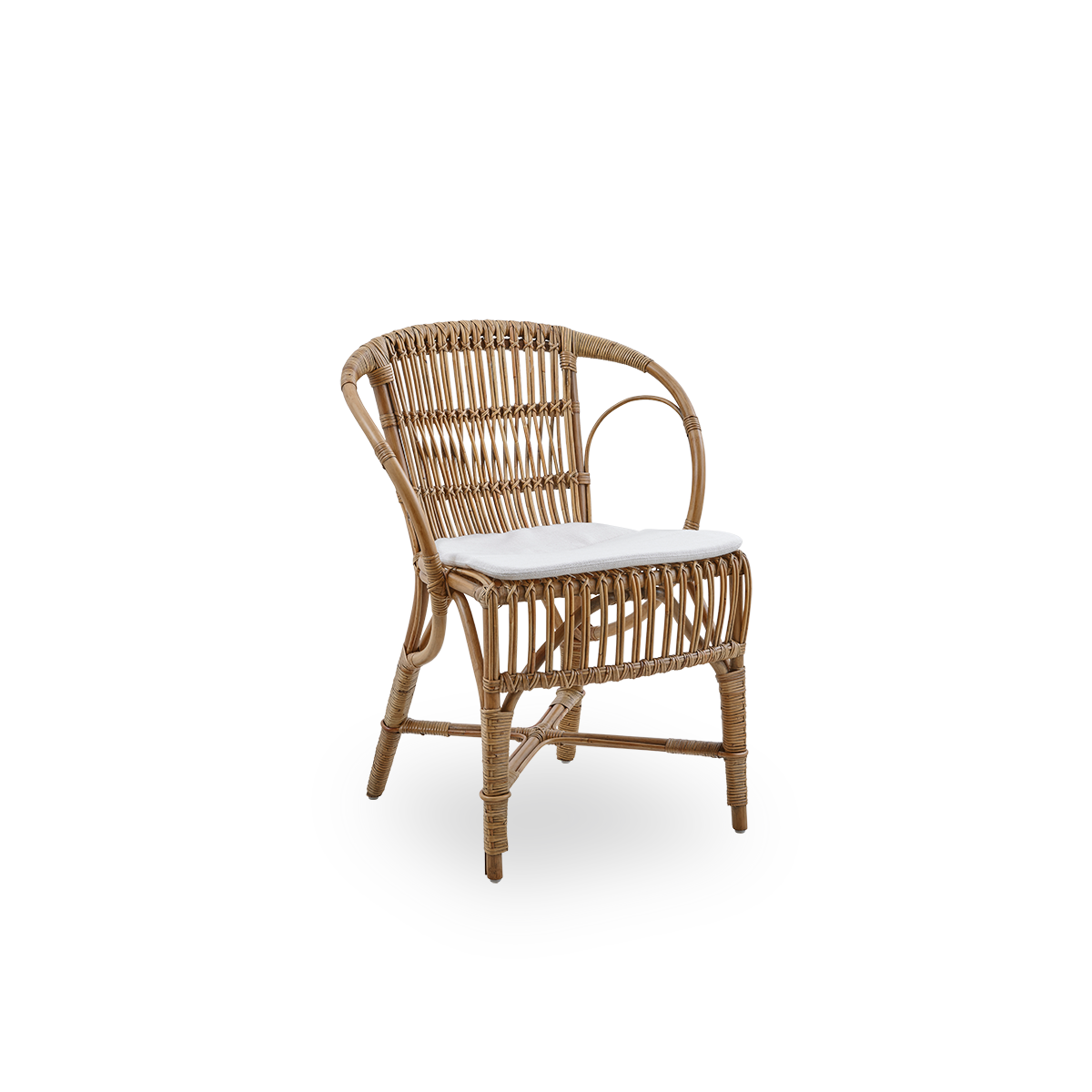 Seitenansicht des Robert Essstuhls in Antique-Braun, entworfen von Robert W. Eleganter Korbstuhl, handgefertigt aus hochwertigem indonesischem Rattan.