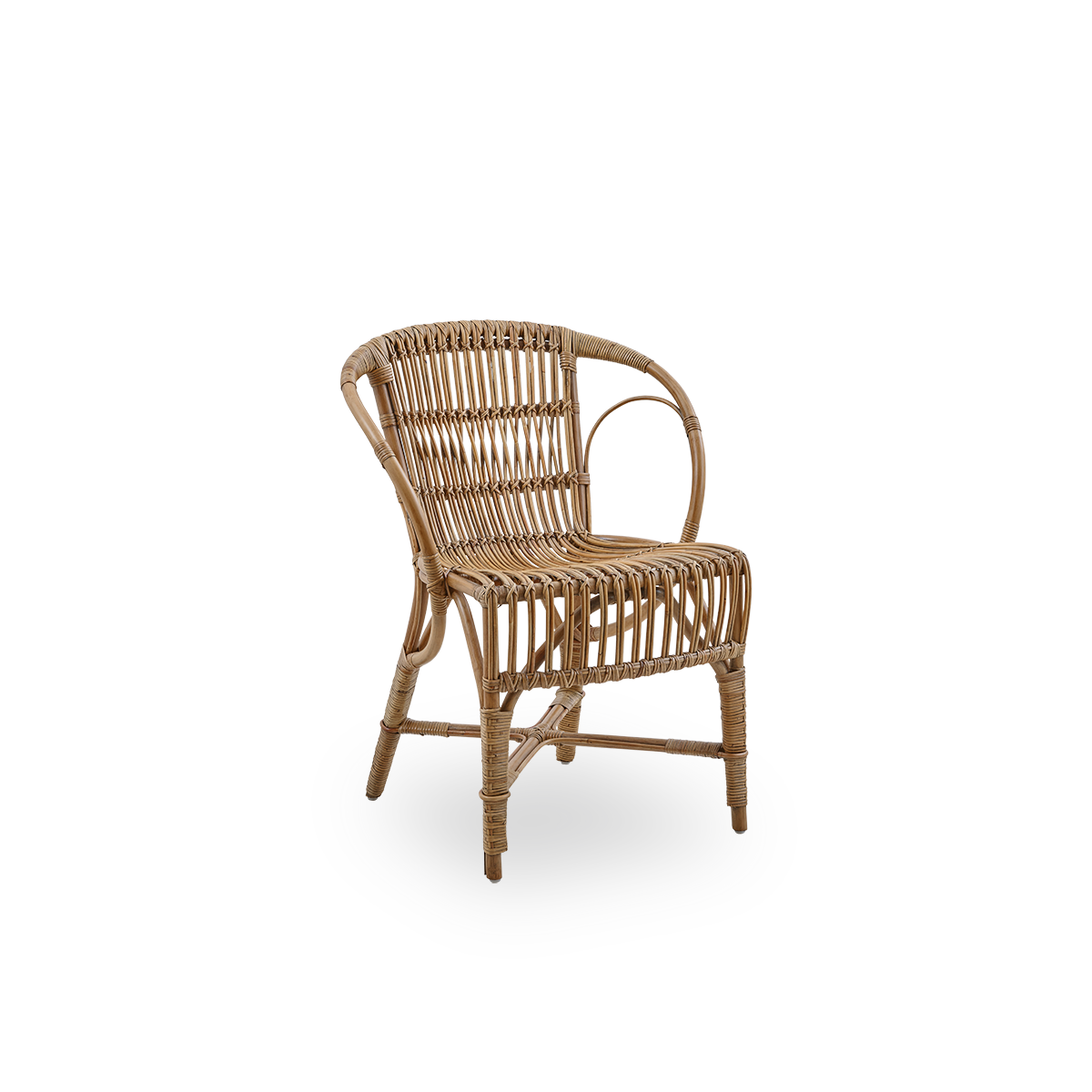 Seitenansicht des Robert Essstuhls in Antique-Braun, entworfen von Robert W. Eleganter Korbstuhl, handgefertigt aus hochwertigem indonesischem Rattan.